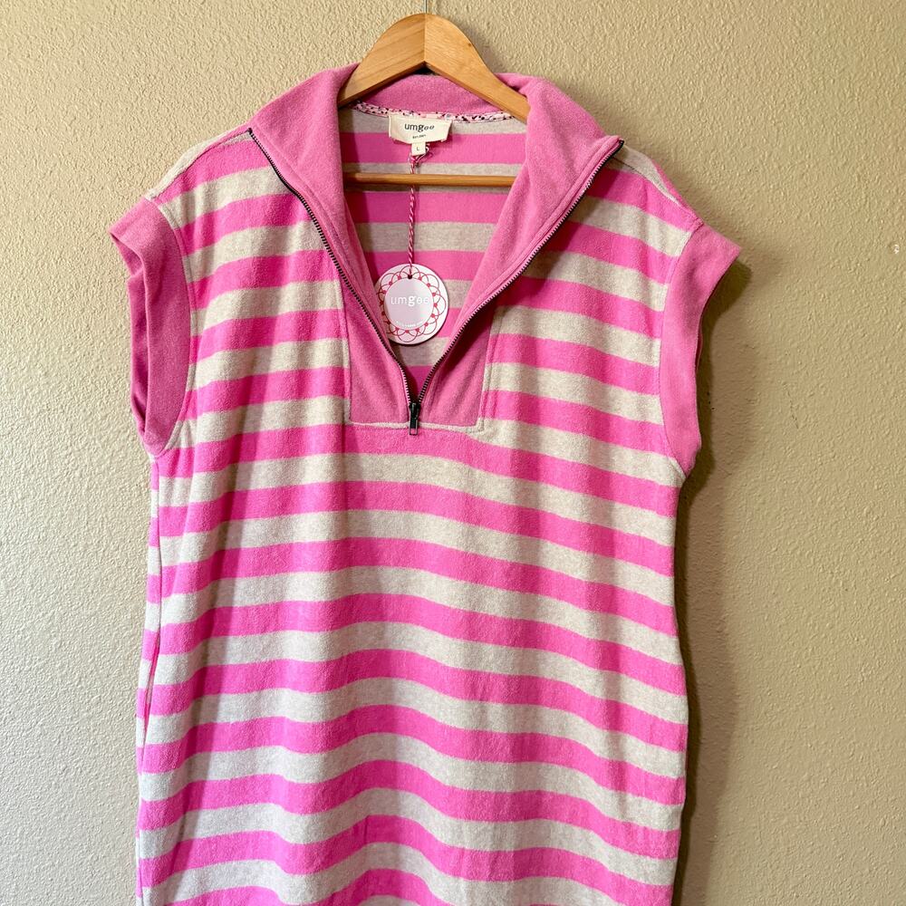 NEW Umgee Pink Terry Cloth Striped Half Zip Dress - Picture 4 of 9